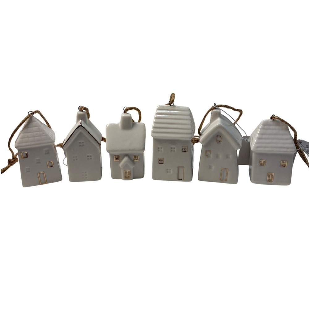 White Ceramic House Christmas Ornaments Gold Trim Set of 6 Farmhouse Decor